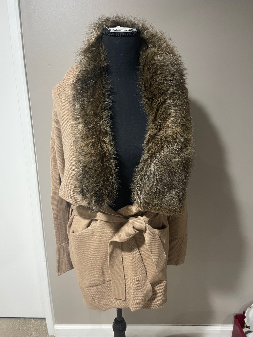 Banana Republic Tan Knit Wrap Coatigan with Faux Fur Shawl Collar